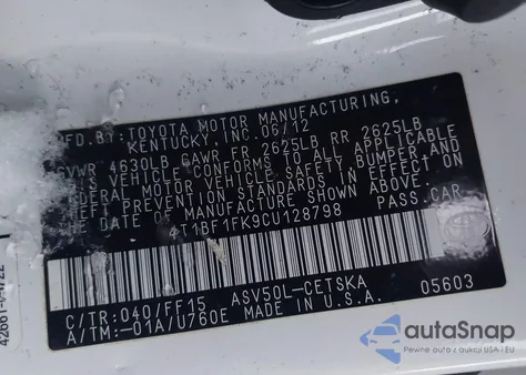 2012 Toyota Camry Se z USA, uszkodzony, nr VIN 4T1BF1FK9CU128798